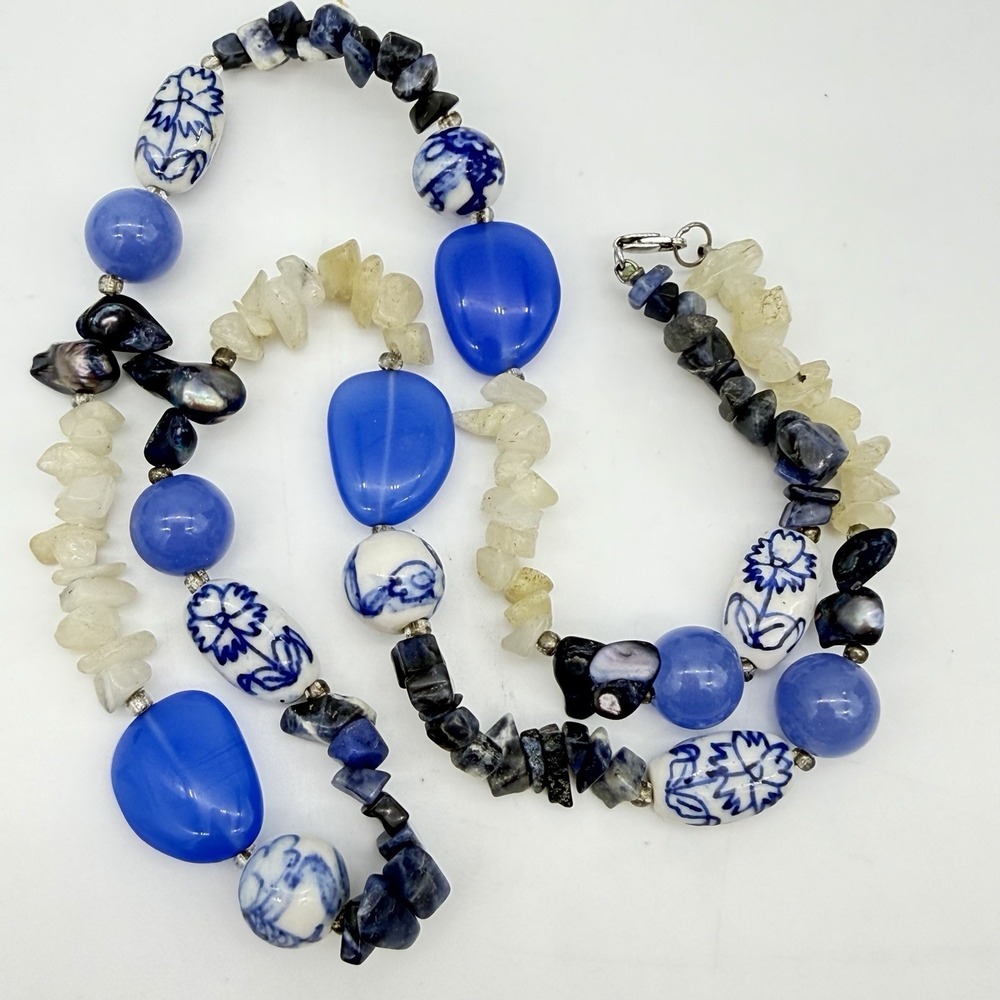 Vtg Chinese Porcelain Beaded Necklace Blue White Gemstone Glass Sterling Clasp